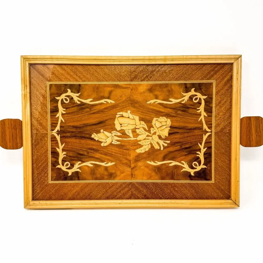 Vintage Wood Marquetry Serving Tray Floral Rose Inlay Wood Handles